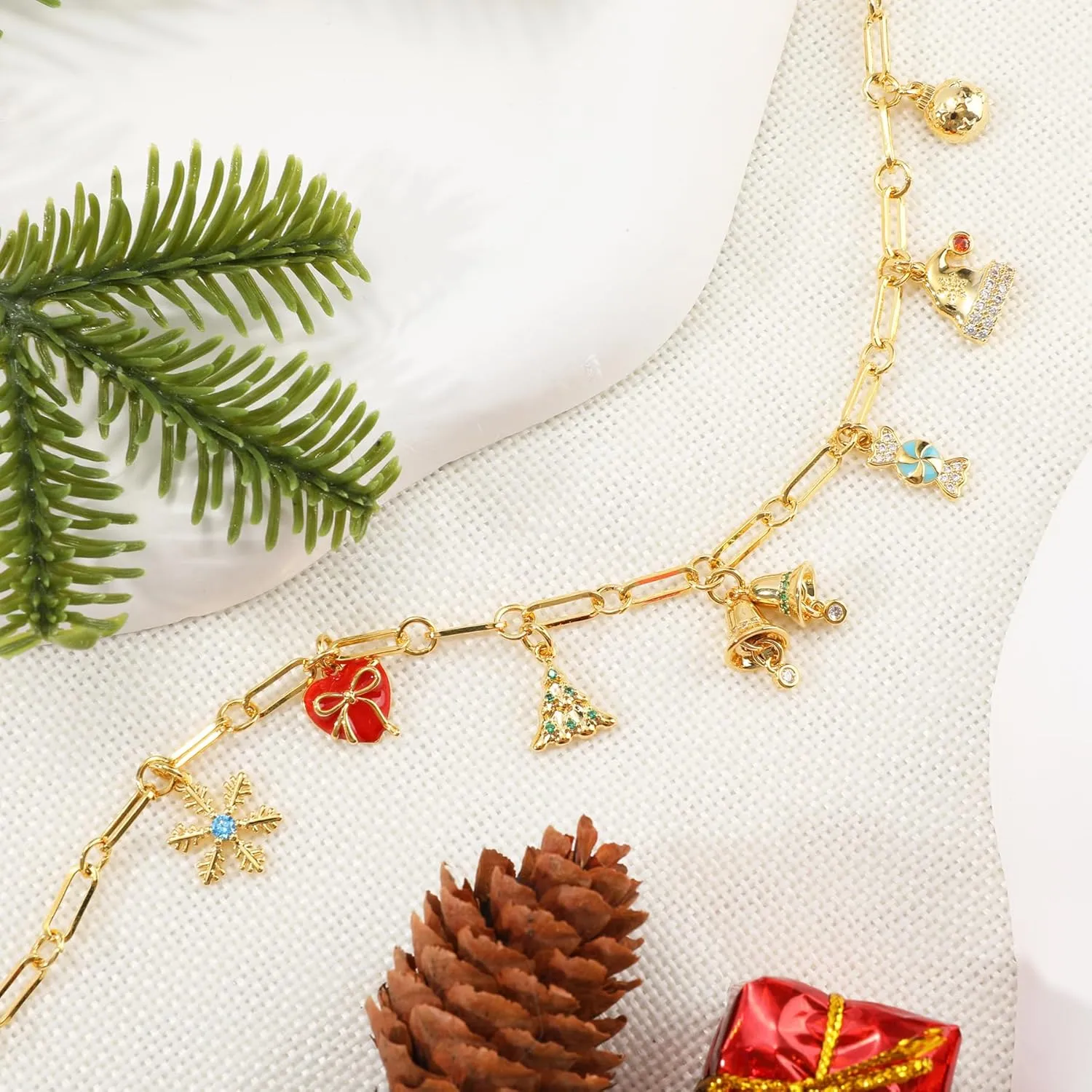 Gold Christmas Charm Necklace for Women 14K Gold Plated Christmas Tree Snowflake Stocking Cane Present Snowman Candy Jingle Bell Pendant Necklace with Cubic Zirconia Adjustable Xmas Party Jewelry Gift