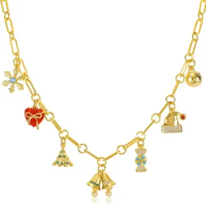 Gold Christmas Charm Necklace for Women 14K Gold Plated Christmas Tree Snowflake Stocking Cane Present Snowman Candy Jingle Bell Pendant Necklace with Cubic Zirconia Adjustable Xmas Party Jewelry Gift