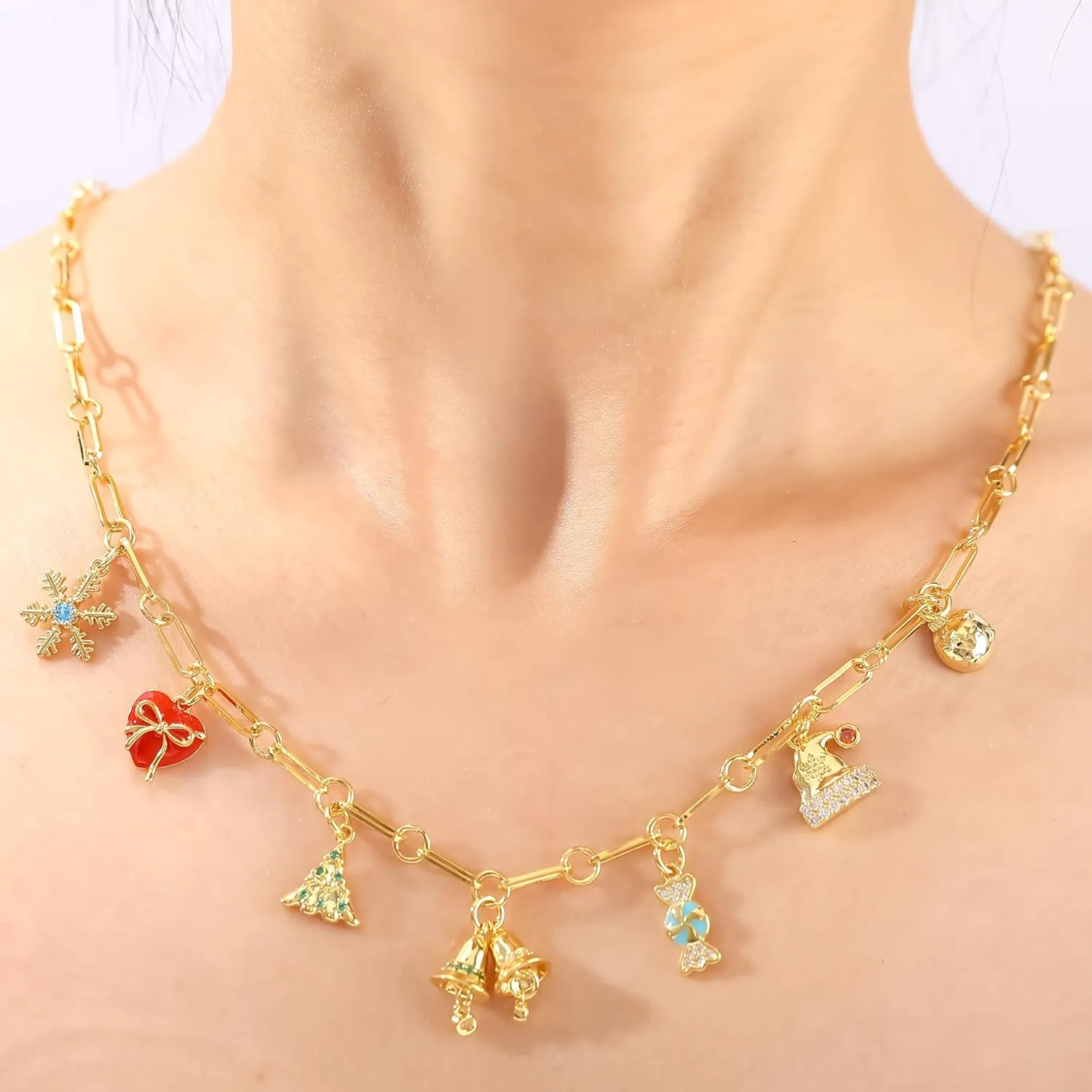 Gold Christmas Charm Necklace for Women 14K Gold Plated Christmas Tree Snowflake Stocking Cane Present Snowman Candy Jingle Bell Pendant Necklace with Cubic Zirconia Adjustable Xmas Party Jewelry Gift