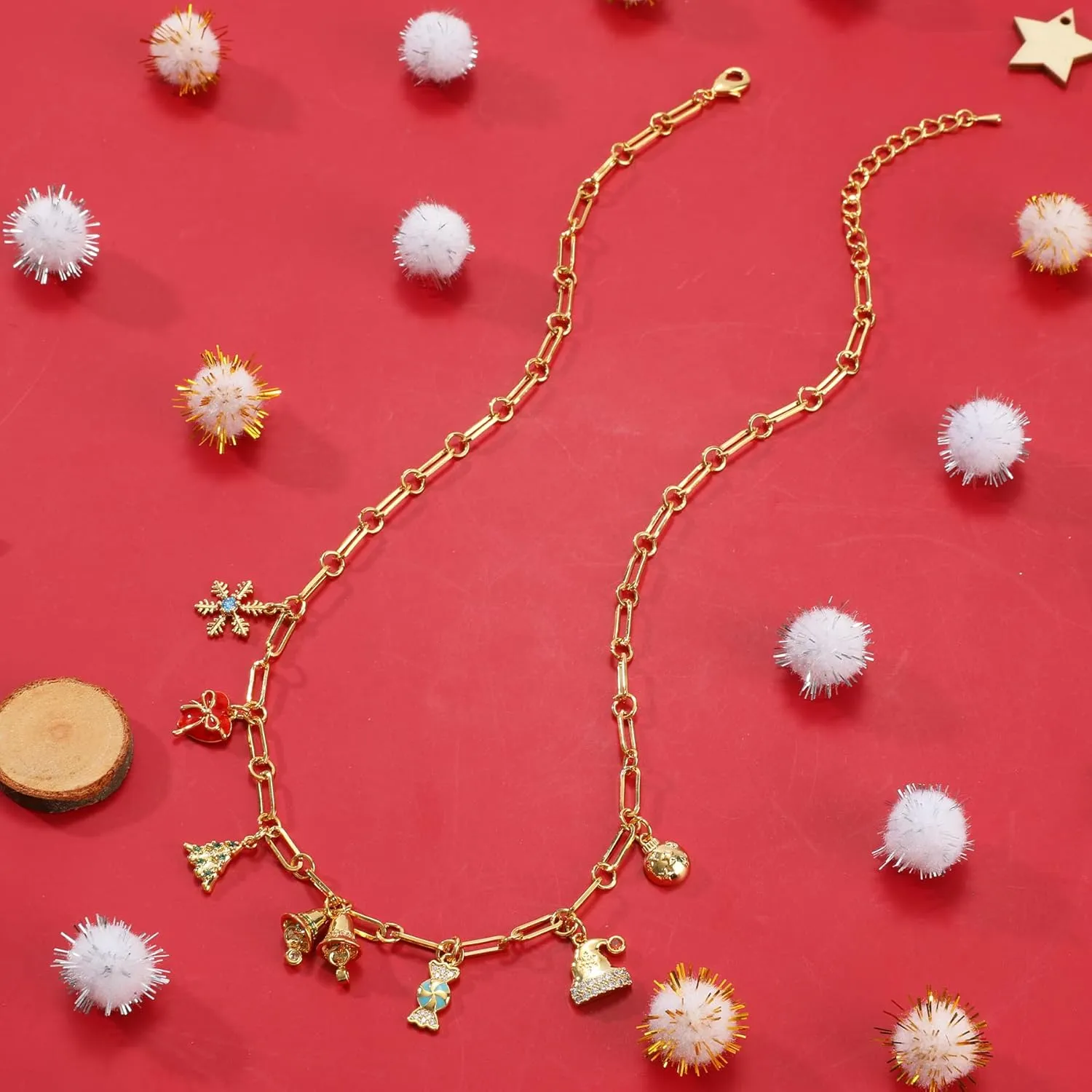 Gold Christmas Charm Necklace for Women 14K Gold Plated Christmas Tree Snowflake Stocking Cane Present Snowman Candy Jingle Bell Pendant Necklace with Cubic Zirconia Adjustable Xmas Party Jewelry Gift