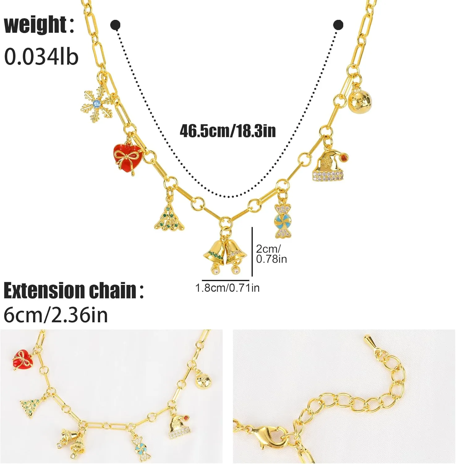 Gold Christmas Charm Necklace for Women 14K Gold Plated Christmas Tree Snowflake Stocking Cane Present Snowman Candy Jingle Bell Pendant Necklace with Cubic Zirconia Adjustable Xmas Party Jewelry Gift