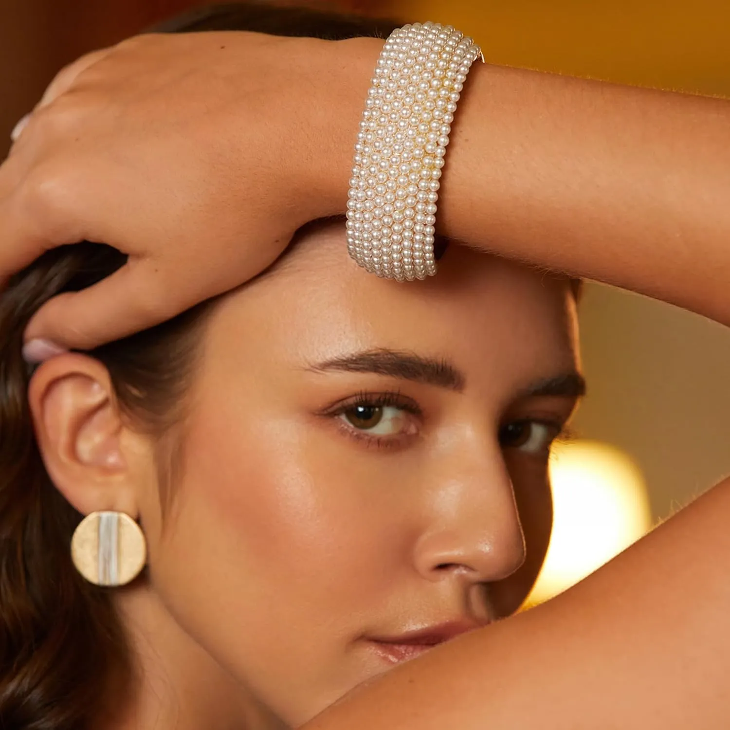 Gold Chunky Bangles Bracelets for Women Pearl/Rhinestone Cuff Bracelets Wedding Prom Bangles Jewelry