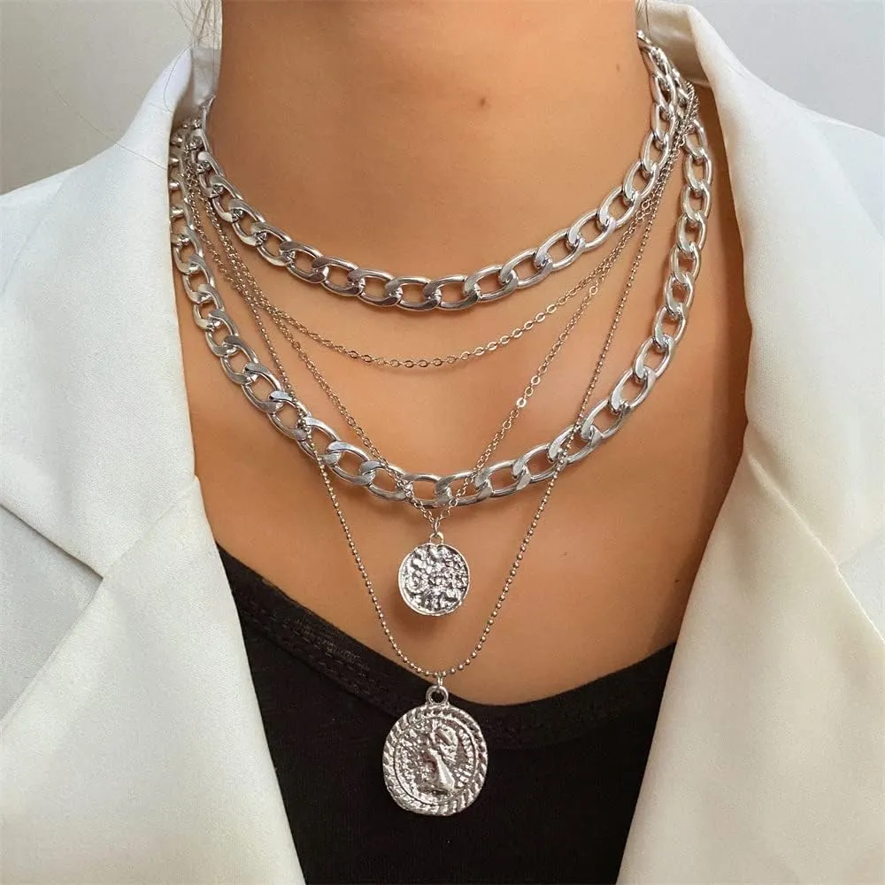Gold Pirate Necklace for Women Layered Necklaces Retro Coin Pendant Necklace Chunky Chain Necklaces Pirate Costume Accessories