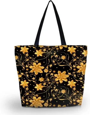 Golden Flower Tote Bag Large Women Casual Shoulder Bag Handbag, Reusable Portable Storage Handbags Convenient Shoppers Tote Beach Shopping Bag