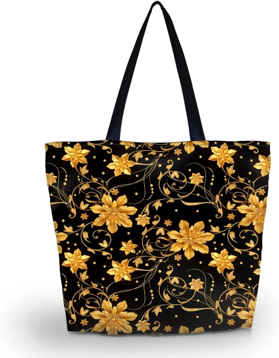 Golden Flower Tote Bag Large Women Casual Shoulder Bag Handbag, Reusable Portable Storage Handbags Convenient Shoppers Tote Beach Shopping Bag