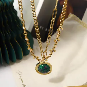 handmade necklace pendant suitable for both men and women, double layered titanium steel four leaf clover zircon pendant handmade necklace (gold)