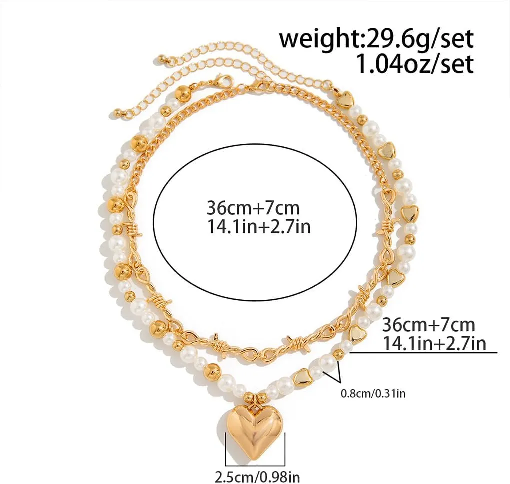 Heart Layered Necklaces for Women,Gold Puffy Heart Pendant Stack Necklaces Pearl Beaded Choker Necklace,Trendy Love Statement Necklace Jewelry Gifts