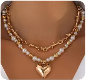 Heart Layered Necklaces for Women,Gold Puffy Heart Pendant Stack Necklaces Pearl Beaded Choker Necklace,Trendy Love Statement Necklace Jewelry Gifts