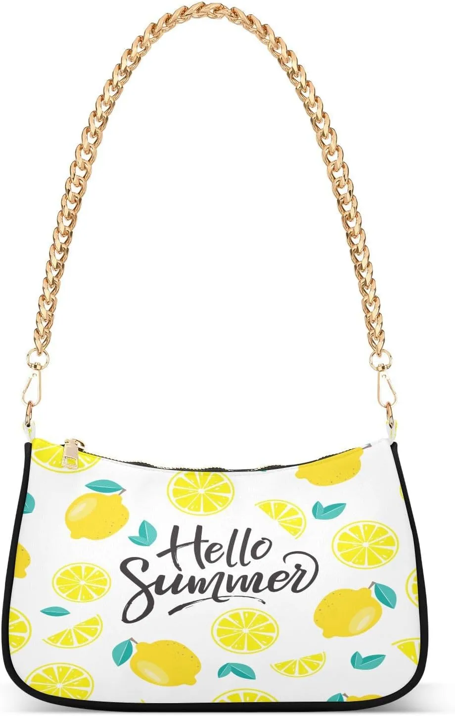 Hello Summer Lemon Fruit Shoulder Handbags for Women Travel Hobo Tote Handbag Women Gold Chain Shoulder Bags Purse with Zipper Closure