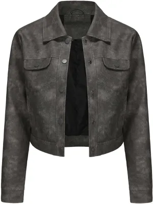 HGps8w Women's Vintage Distressed Cropped Faux Leather Jacket, Chic Lapel Zipper Up Casual PU Moto Bike Coat Outwear