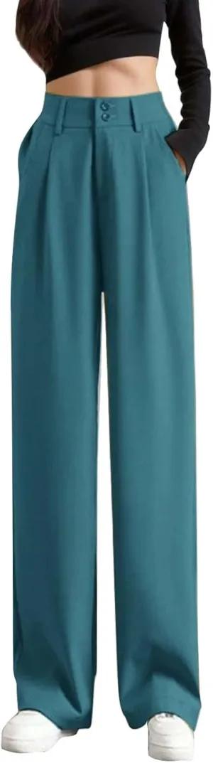 High Waist Work Pants for Women Wide Leg Stretchy Business Office Dressy Casual Flowy Pants Slacks with Pockets