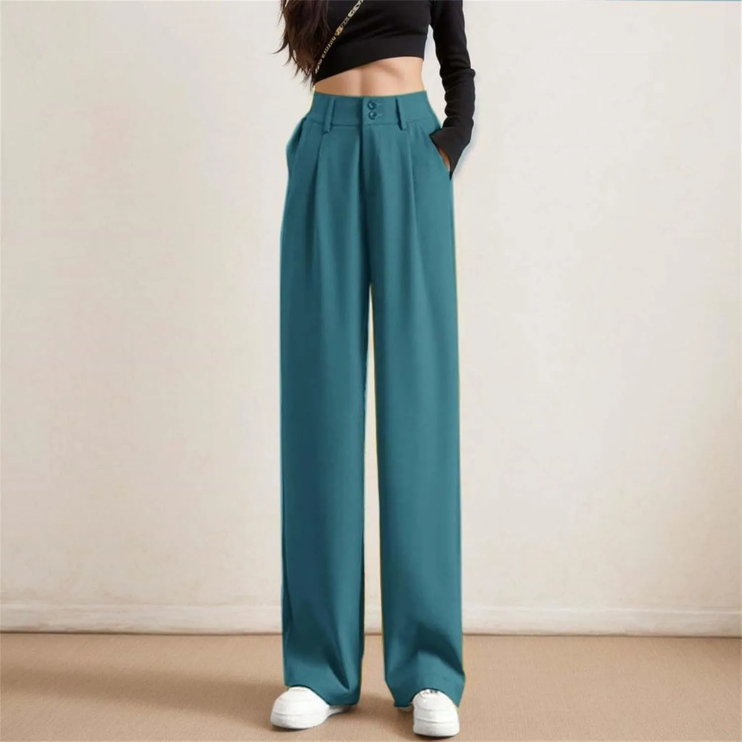 High Waist Work Pants for Women Wide Leg Stretchy Business Office Dressy Casual Flowy Pants Slacks with Pockets