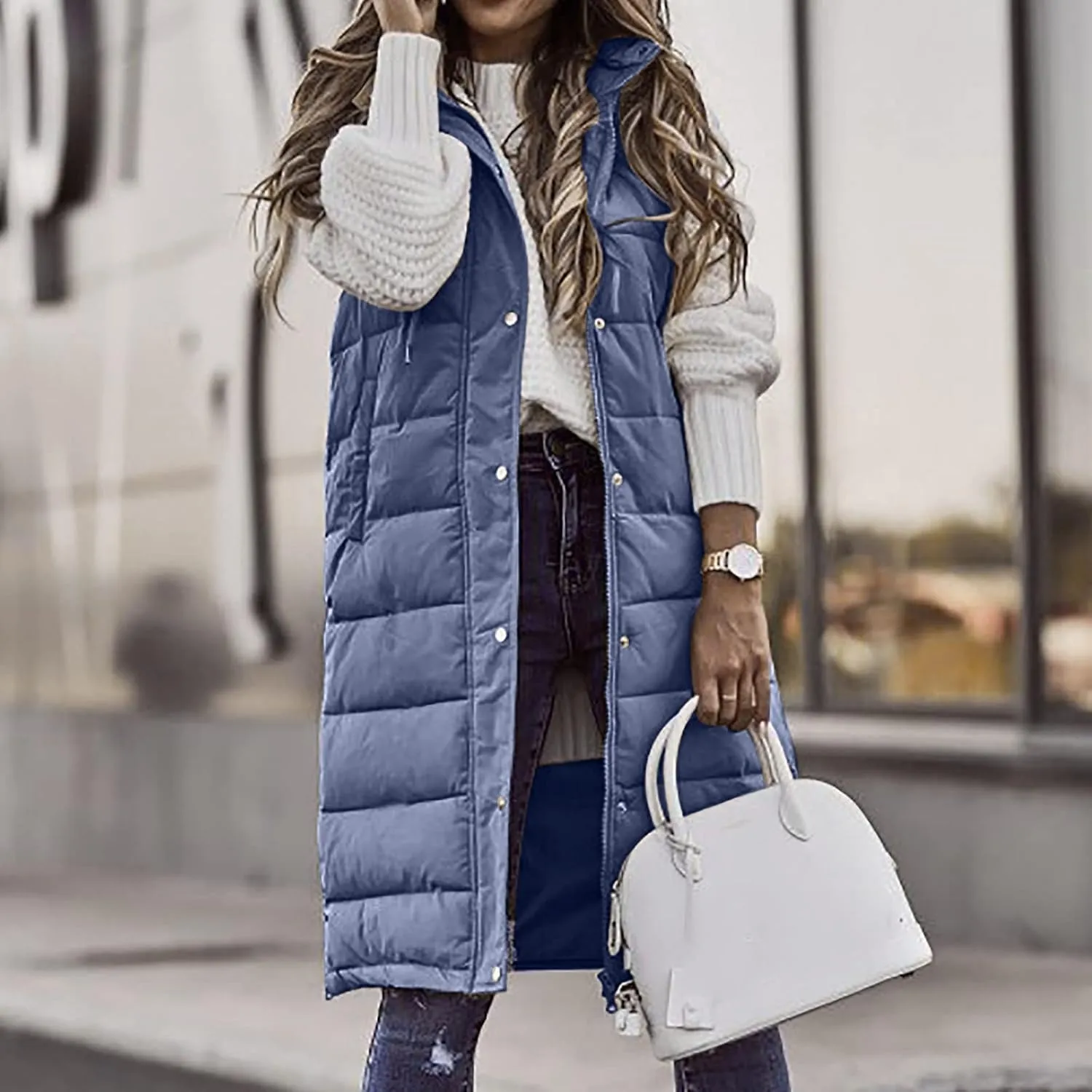 hlysgo Women's Hooded Long Down Vest Full-Zip Sleeveless Puffer Vest Fashion Quilted Coats Jacket Outerwear with Side Zip