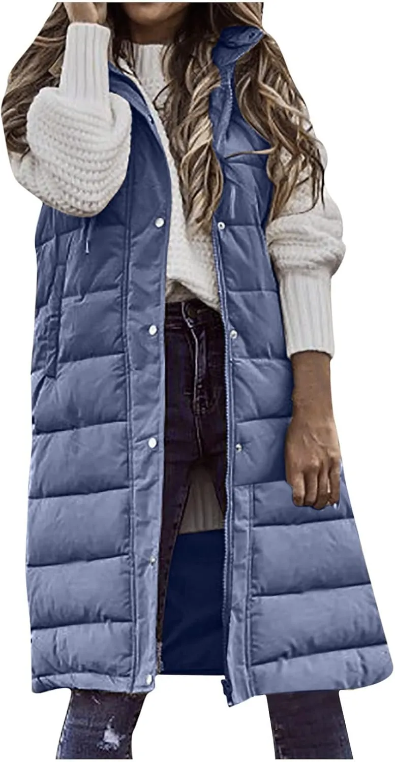 hlysgo Women's Hooded Long Down Vest Full-Zip Sleeveless Puffer Vest Fashion Quilted Coats Jacket Outerwear with Side Zip