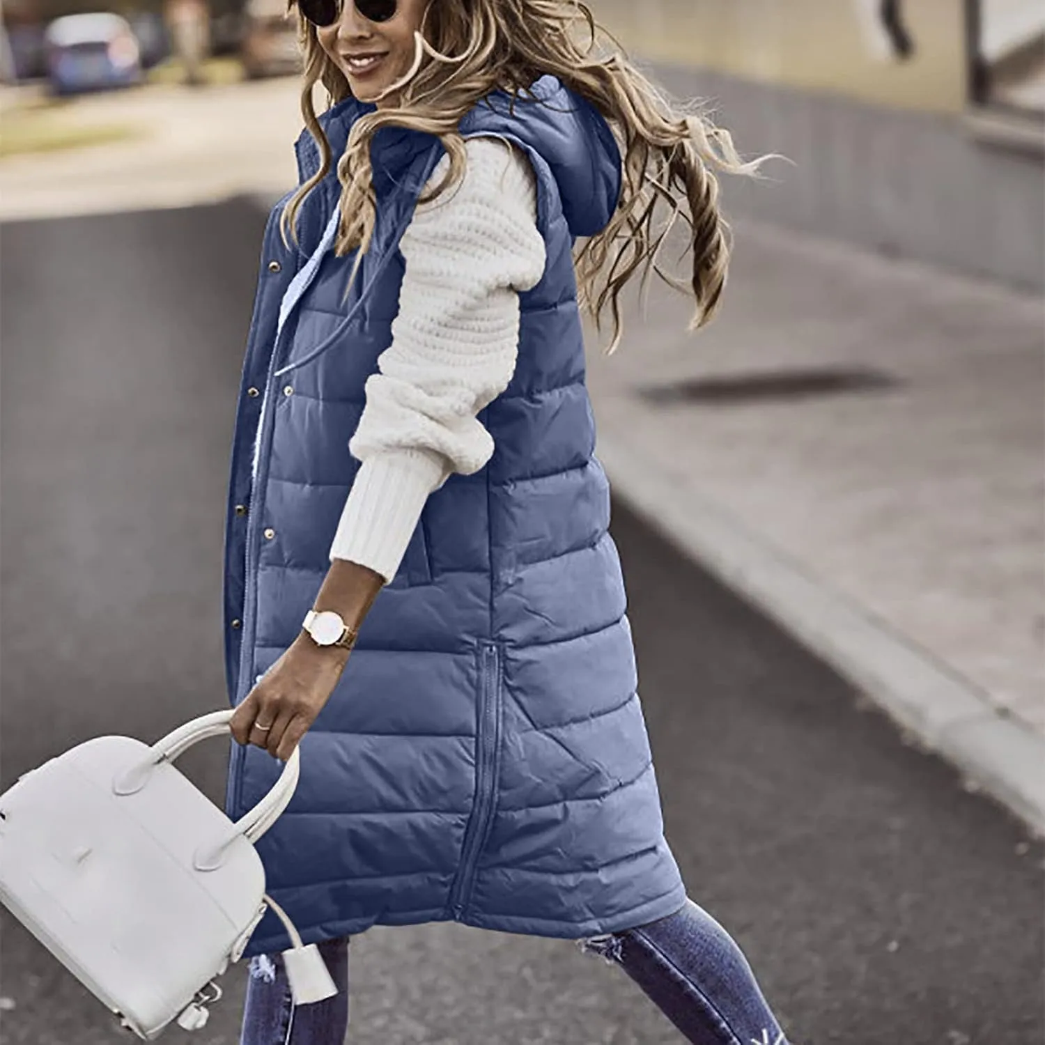 hlysgo Women's Hooded Long Down Vest Full-Zip Sleeveless Puffer Vest Fashion Quilted Coats Jacket Outerwear with Side Zip