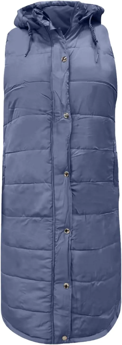 hlysgo Women's Hooded Long Down Vest Full-Zip Sleeveless Puffer Vest Fashion Quilted Coats Jacket Outerwear with Side Zip