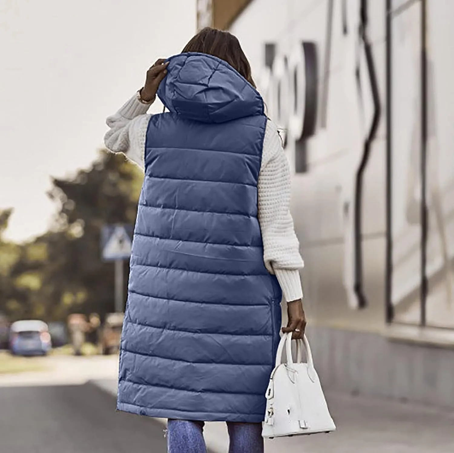 hlysgo Women's Hooded Long Down Vest Full-Zip Sleeveless Puffer Vest Fashion Quilted Coats Jacket Outerwear with Side Zip