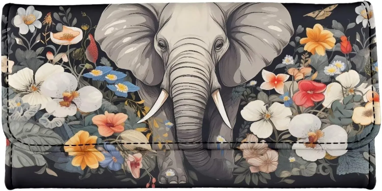 Howilath 3D Elephant Flower Printed Wallets for Women Long Card Holder Purse,Ladies Wallets Trifold Large Capacity -Grey
