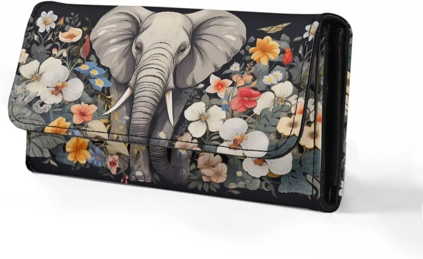 Howilath 3D Elephant Flower Printed Wallets for Women Long Card Holder Purse,Ladies Wallets Trifold Large Capacity -Grey