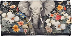 Howilath 3D Elephant Flower Printed Wallets for Women Long Card Holder Purse,Ladies Wallets Trifold Large Capacity -Grey