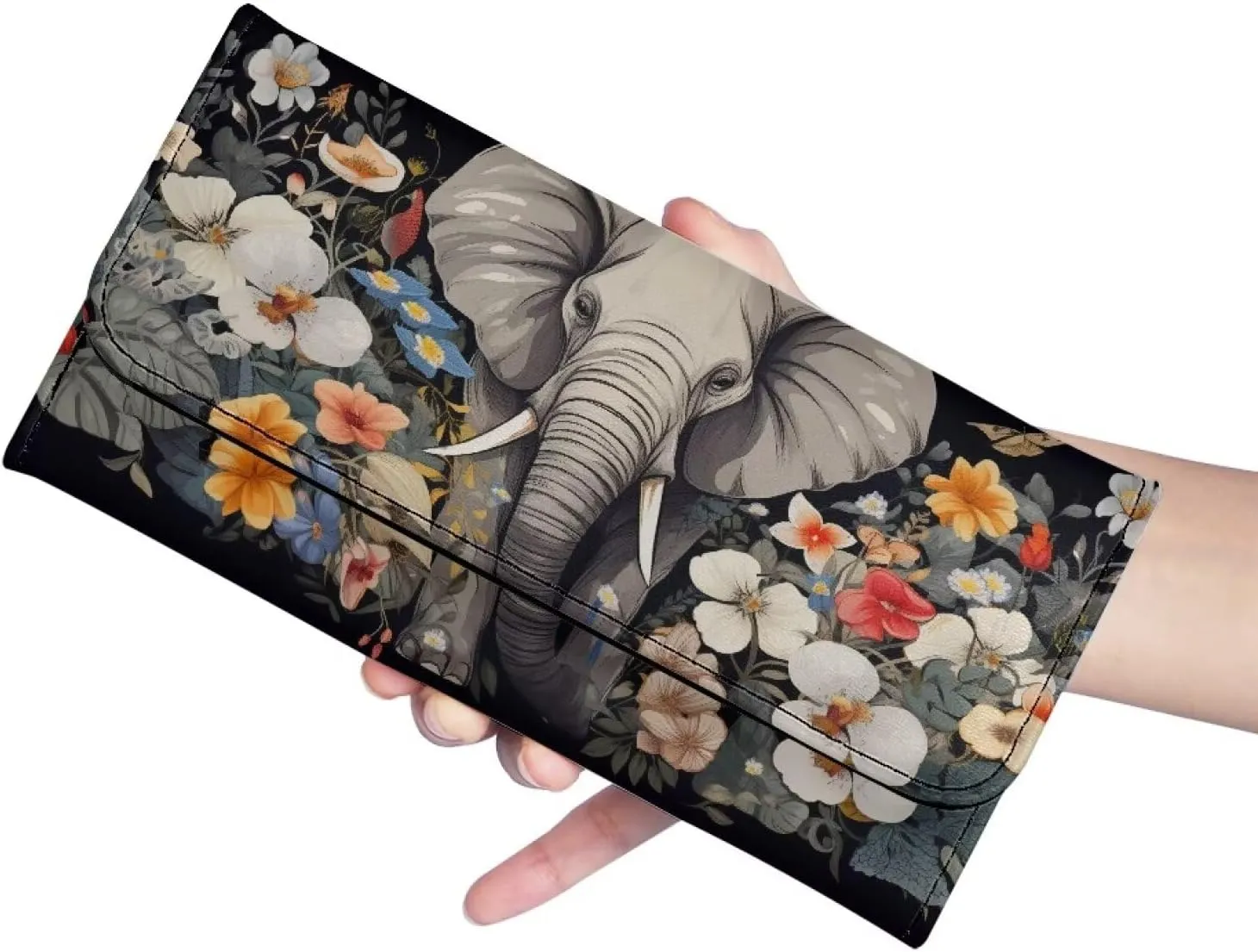 Howilath 3D Elephant Flower Printed Wallets for Women Long Card Holder Purse,Ladies Wallets Trifold Large Capacity -Grey