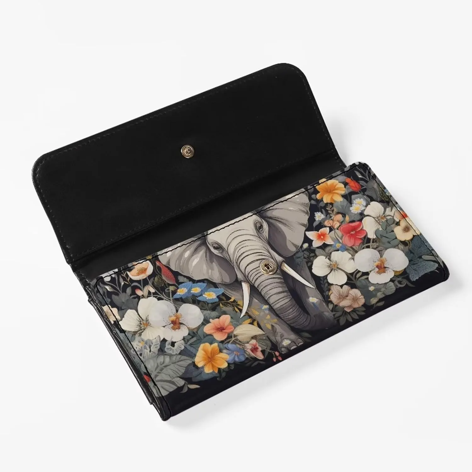 Howilath 3D Elephant Flower Printed Wallets for Women Long Card Holder Purse,Ladies Wallets Trifold Large Capacity -Grey