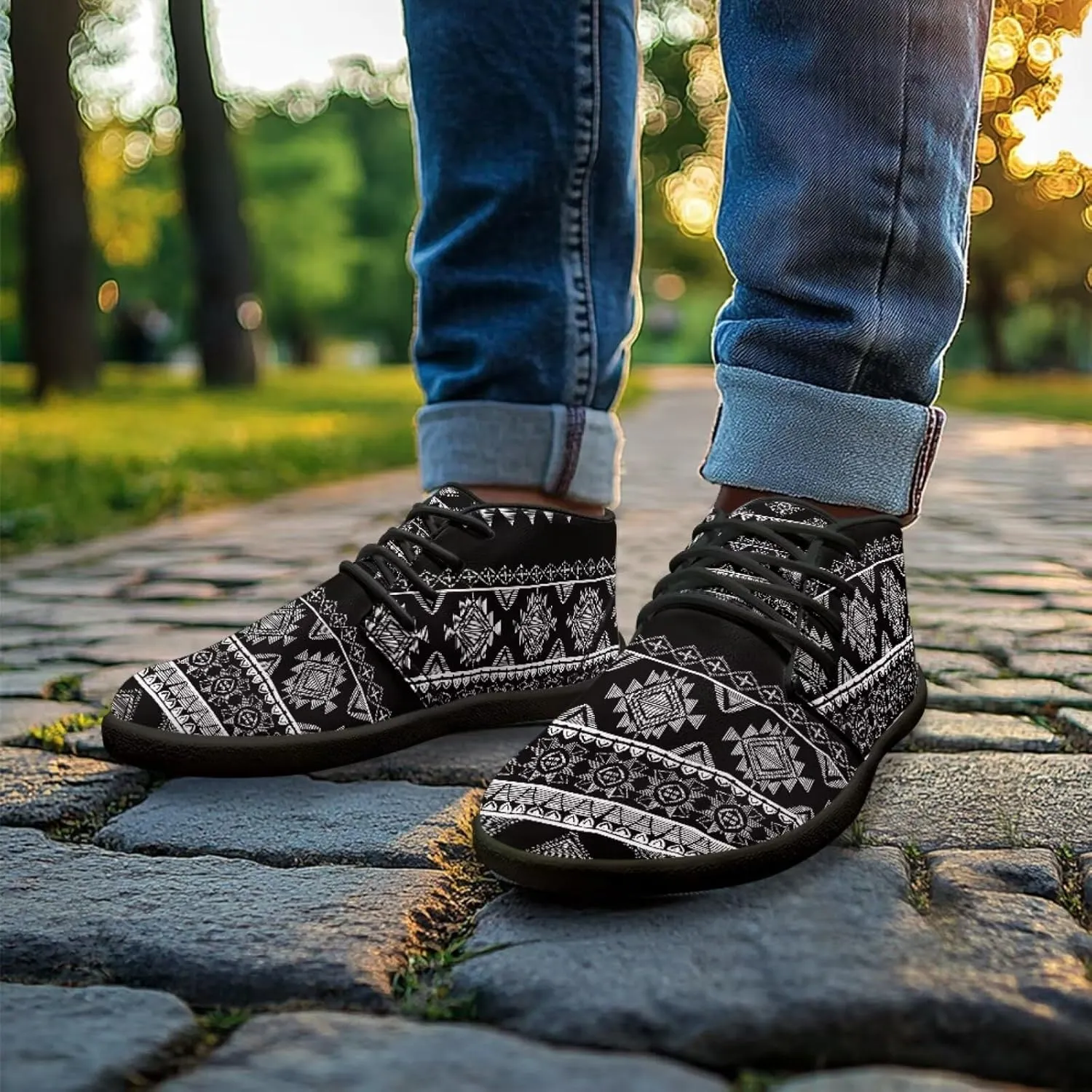 Howilath Aztec Tribal Print Barefoot Shoes Men Leather Low Zero Drop Sneaker Cross Training Shoes for Hiking Diving