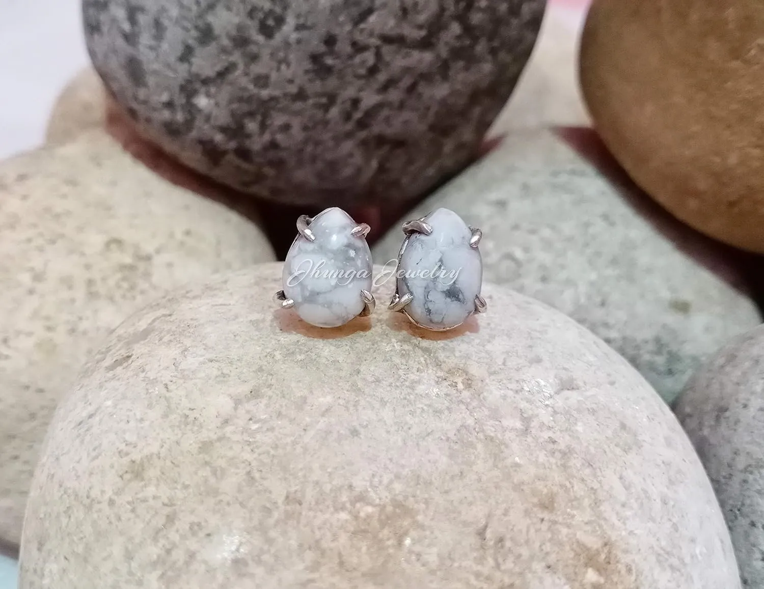 Howlite Studs Earrings, White Buffalo Jewelry, Minimalist Studs, Marble Gemstone Earrings, White Turquoise Posts Studs, Sterling Silver Studs, Southwestern Studs, Promise Jewelry, Gift For Her/Him