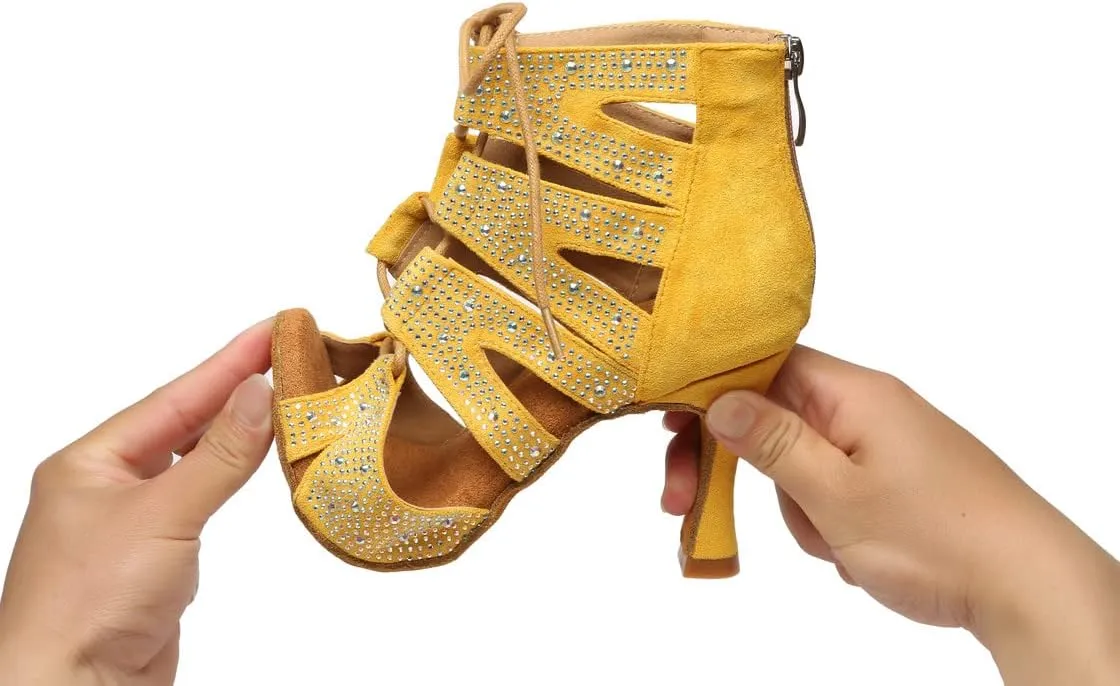 HROYL Women Latin Dance Shoes Salsa Ballroom Ankle Dance Boots Performance Party Dancing Shoes,Model YCL570