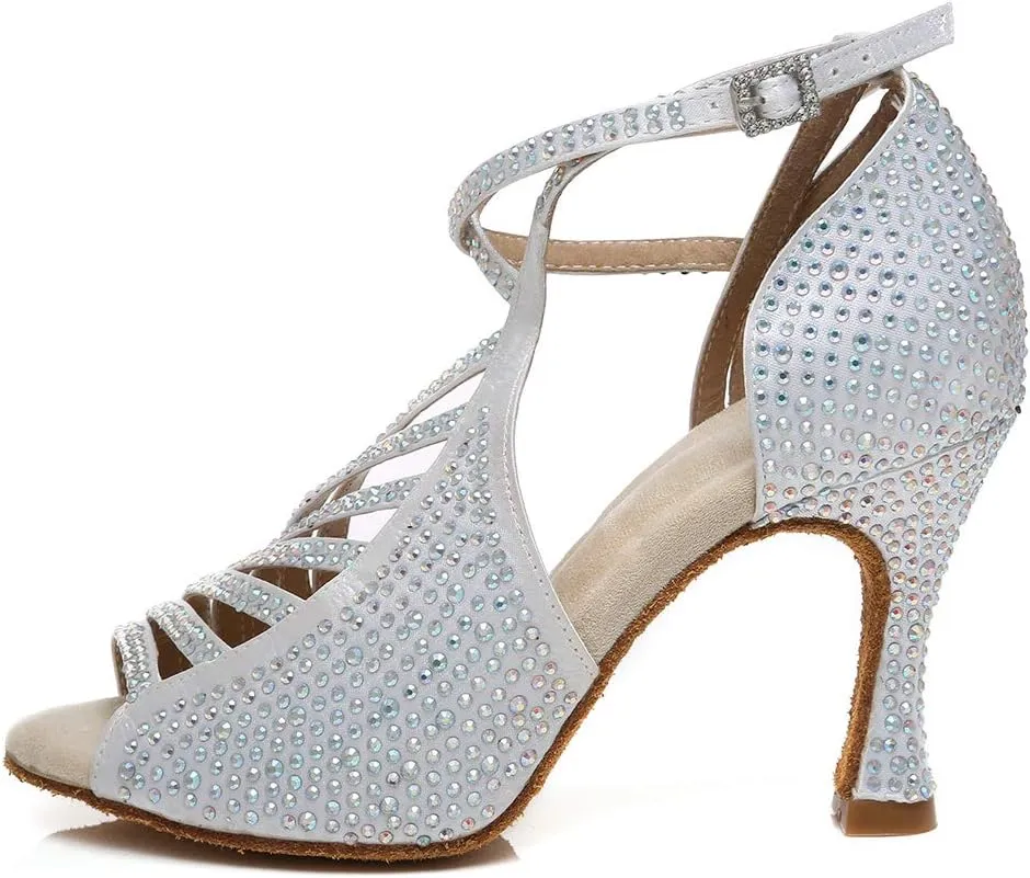 HROYL Women Rhinestone Ballroom Dance Shoes Latin Salsa Practice Performance Wedding Party Dance Shoes,Model L468