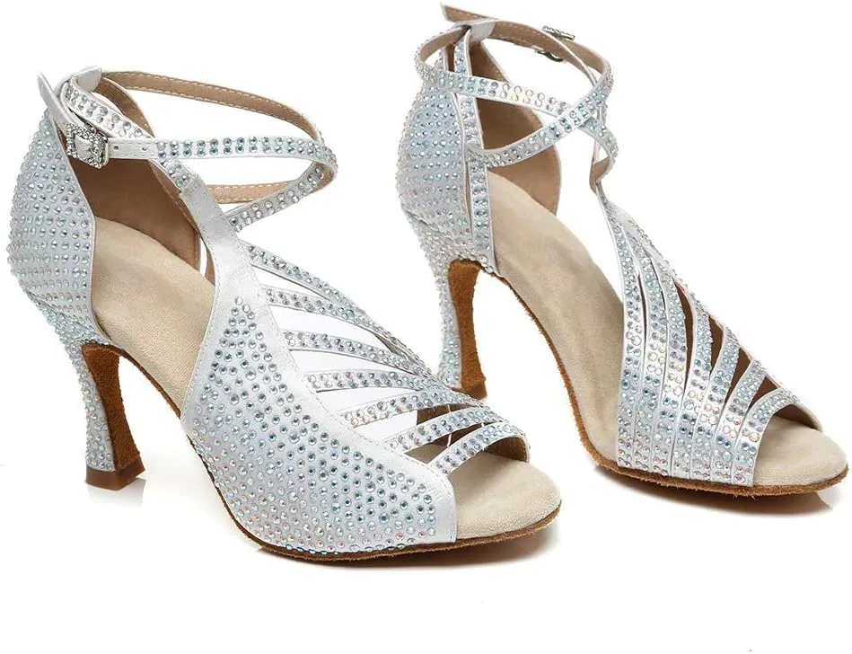 HROYL Women Rhinestone Ballroom Dance Shoes Latin Salsa Practice Performance Wedding Party Dance Shoes,Model L468