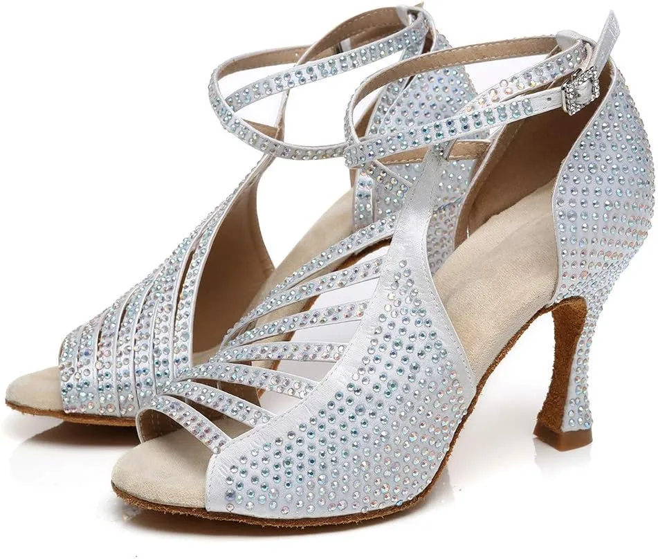 HROYL Women Rhinestone Ballroom Dance Shoes Latin Salsa Practice Performance Wedding Party Dance Shoes,Model L468