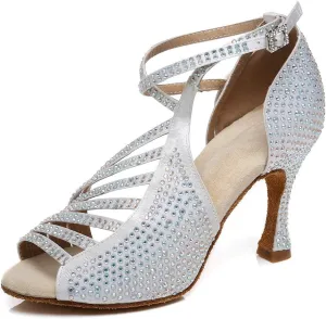 HROYL Women Rhinestone Ballroom Dance Shoes Latin Salsa Practice Performance Wedding Party Dance Shoes,Model L468