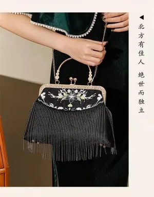 HUFFA Women Embroidery Flowers Clutch Handbags Tassel Wedding Dinner Bags Party Hasp Totes