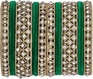 I Jewels Gold Plated Traditional Royal Emerald Velvet Chuda Bangle Set Kada for Bridal/Women