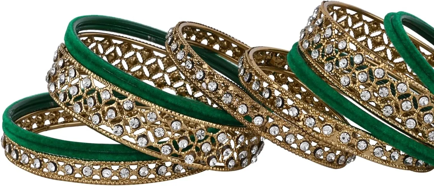 I Jewels Gold Plated Traditional Royal Emerald Velvet Chuda Bangle Set Kada for Bridal/Women