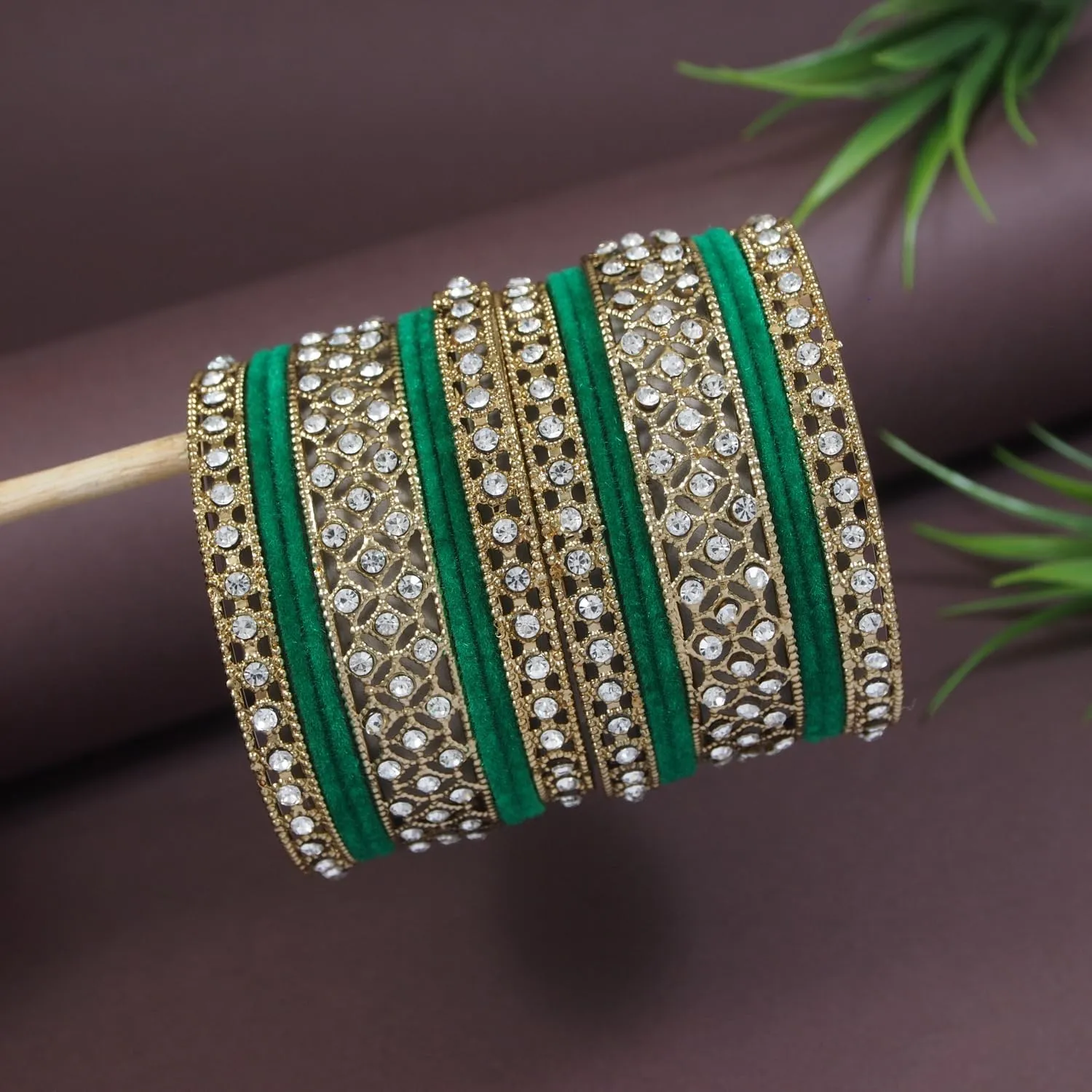 I Jewels Gold Plated Traditional Royal Emerald Velvet Chuda Bangle Set Kada for Bridal/Women