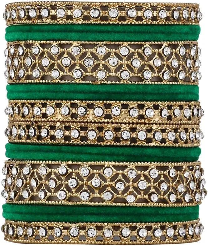 I Jewels Gold Plated Traditional Royal Emerald Velvet Chuda Bangle Set Kada for Bridal/Women