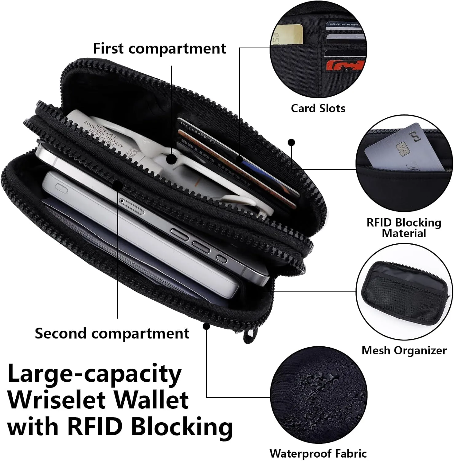 IBEE Dual Wristlet Wallets for Women RFID Blocking Crossbody Wallets Purse with ID Window Large Wristlet Purse Nylon