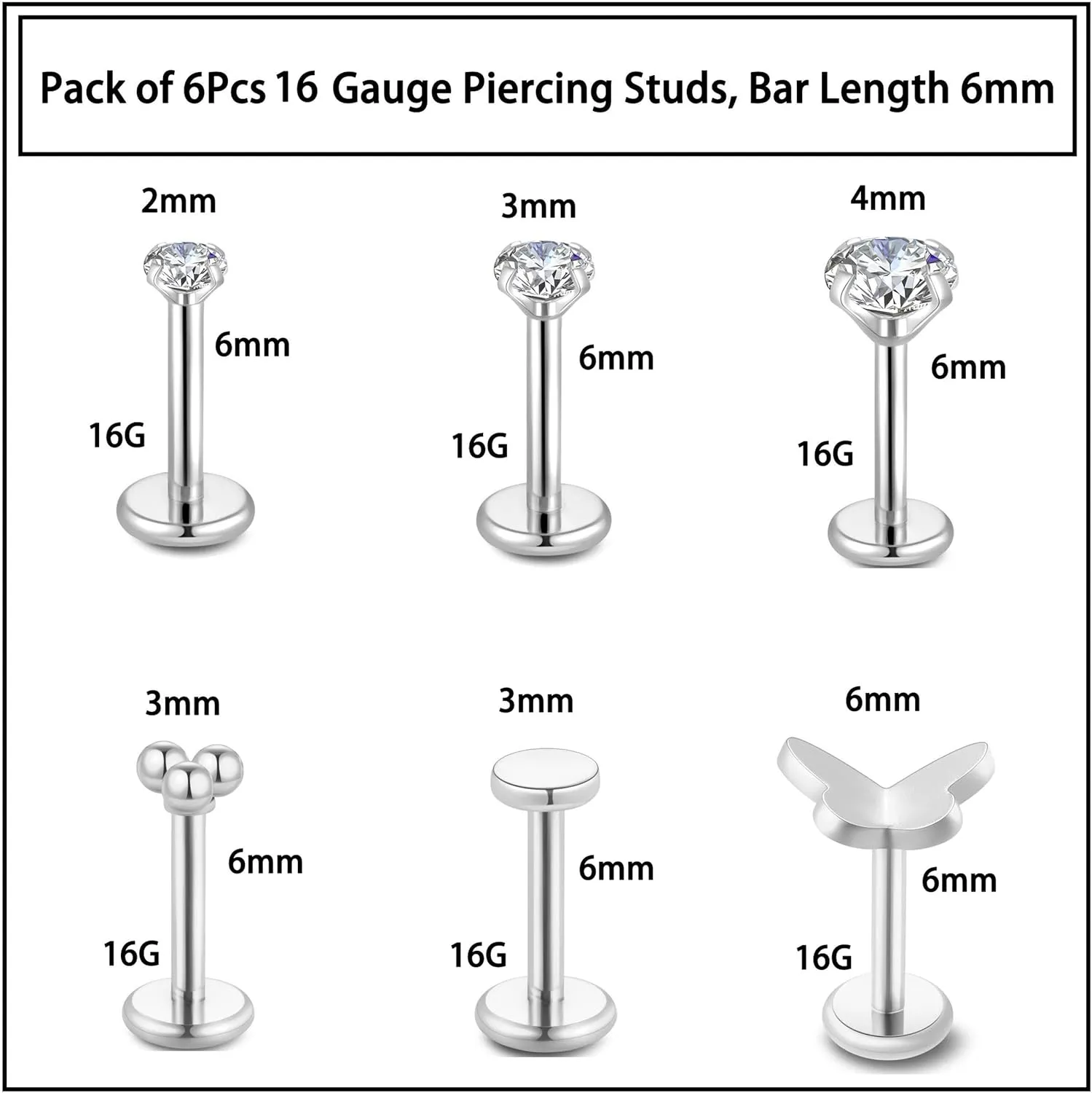 Jamboo 6Pcs 20G Threadless Flatback Small Piercing Studs - Hypoallergenic 14K Gold Filled Surgical Steel Push-in Small Body Piercing Jewelry Set for Multiple Hole Piercing