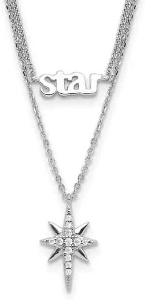 JewelryWeb 925 Sterling Silver Rhodium Plate Star CZ Simulated Diamond With 2inch Extension Layer Necklace 18 Inch 9.45mm Wide Pendant-Necklace for Women