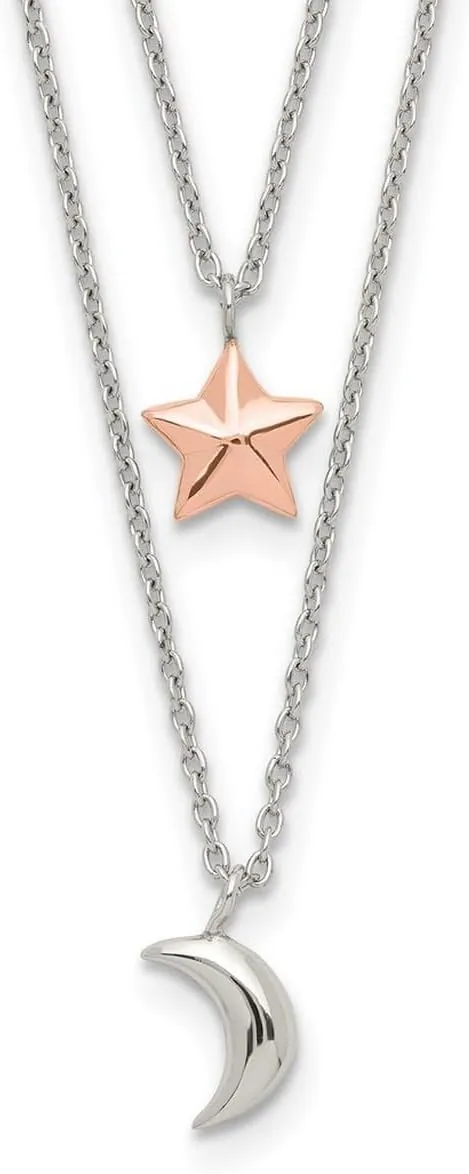 JewelryWeb 925 Sterling Silver Rose tone Layered Celestial Moon and Star With 1inch Ext. Necklace 17.5 Inch 7.65mm Wide Pendant-Necklace for Women