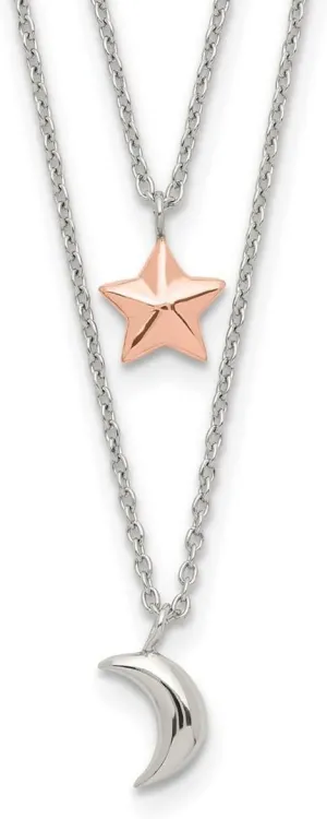 JewelryWeb 925 Sterling Silver Rose tone Layered Celestial Moon and Star With 1inch Ext. Necklace 17.5 Inch 7.65mm Wide Pendant-Necklace for Women