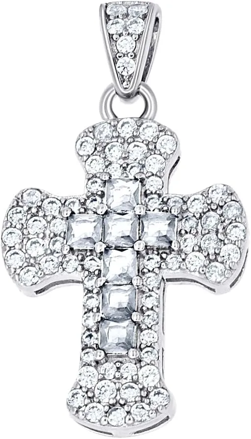 JewelryWeb 925 Sterling Silver Womens Blue White Princess cut Round CZ Simulated Diamond Cross Religious Pendant Necklace 26.2x14.4mm Wide-Pendant for Women