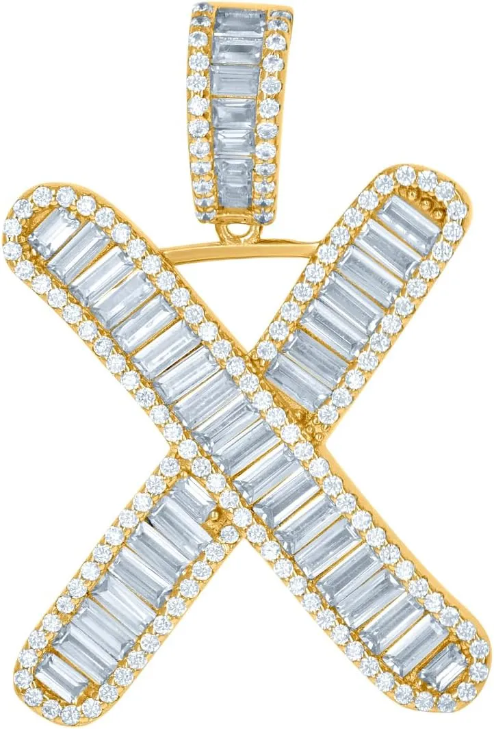 JewelryWeb 925 Sterling Silver Yellow tone Unisex Baguette CZ Simulated Diamond Letter Name Personalized Monogram Initial Alphabet X Charm Pendant Necklace-Pendant for Women