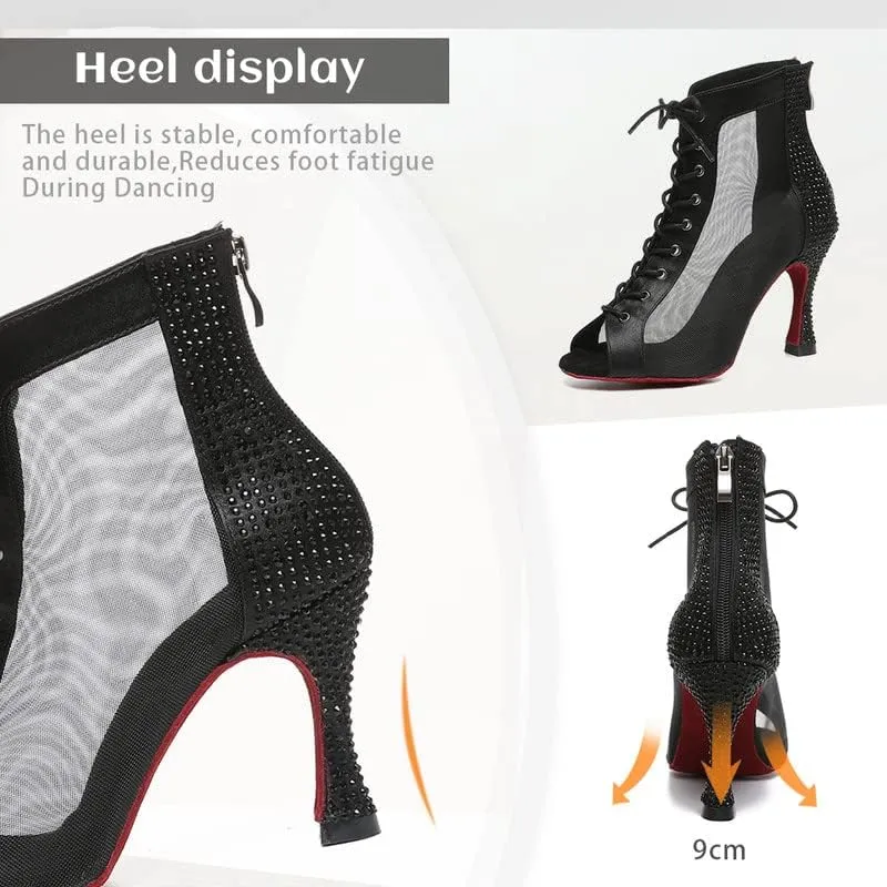 JUODVMP Women Mesh Dance Boots Open Toe Ballroom Dance Shoes Practice Performance Heels,with Rhinestones