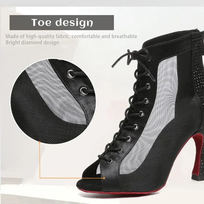 JUODVMP Women Mesh Dance Boots Open Toe Ballroom Dance Shoes Practice Performance Heels,with Rhinestones