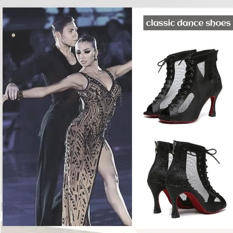 JUODVMP Women Mesh Dance Boots Open Toe Ballroom Dance Shoes Practice Performance Heels,with Rhinestones