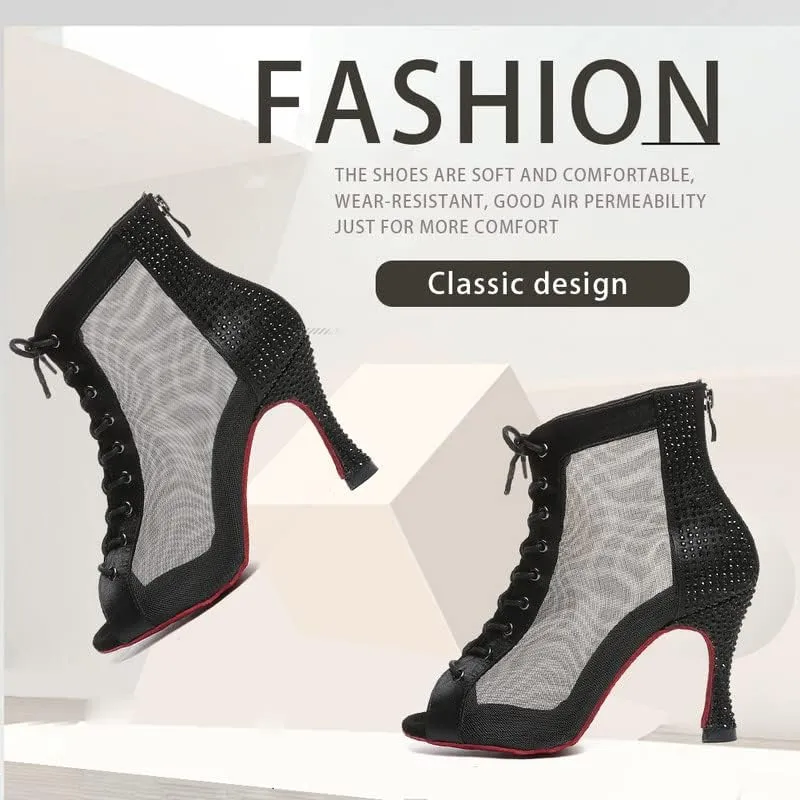 JUODVMP Women Mesh Dance Boots Open Toe Ballroom Dance Shoes Practice Performance Heels,with Rhinestones