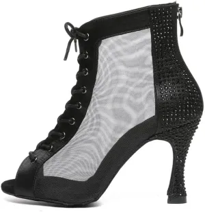 JUODVMP Women Mesh Dance Boots Open Toe Ballroom Dance Shoes Practice Performance Heels,with Rhinestones